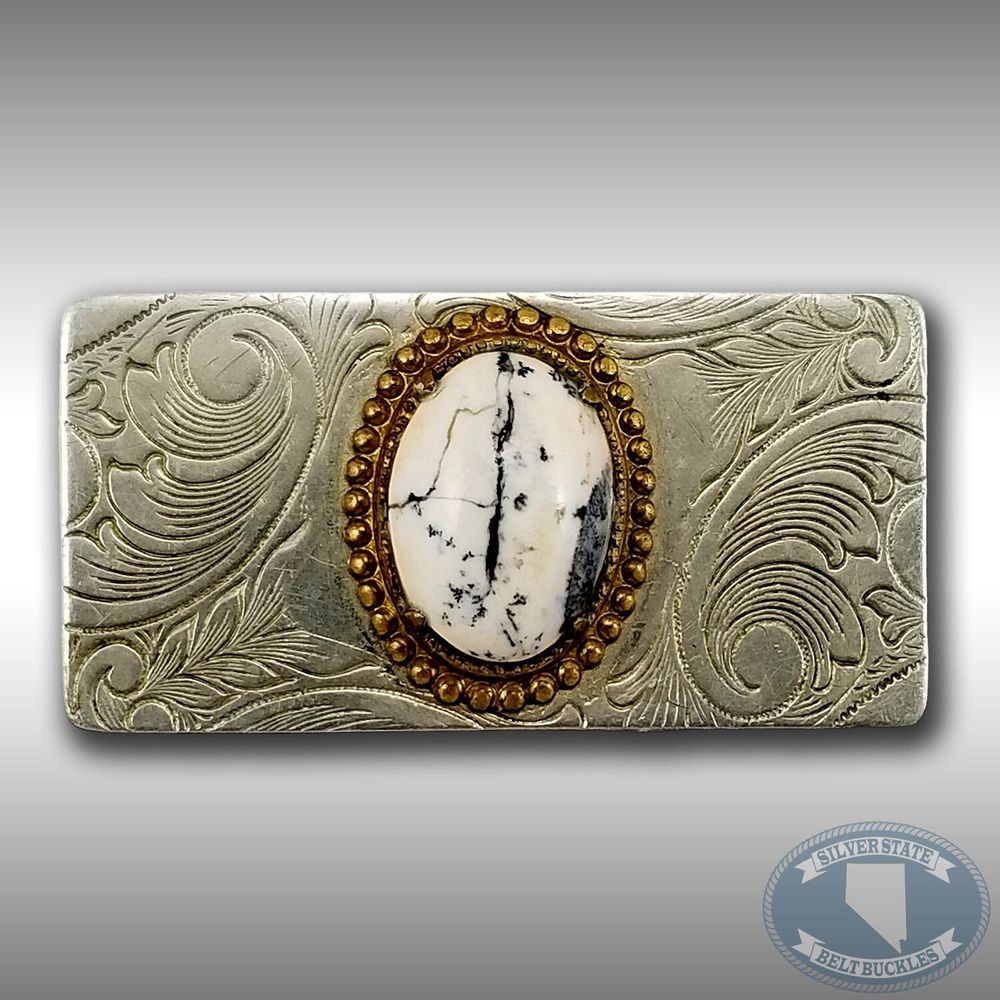 White Buffalo Vintage Belt Buckle Nickel Silver Filigree Western Cabochon